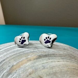 Silver Heart Paw Print Stud Earrings